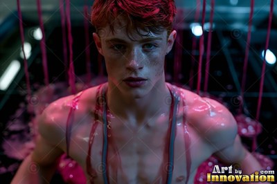 Staring ahead, a shirtless young man rests under dripping pink paint in cool blue light