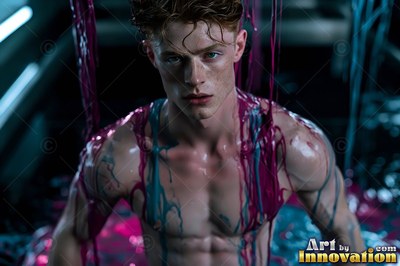 A shirtless man covered in dripping magenta and blue paint