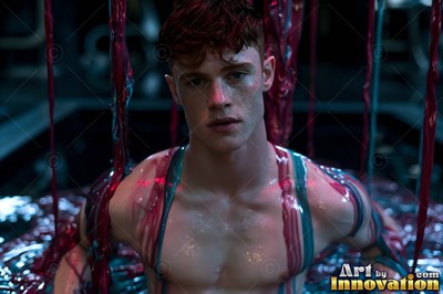 A shirtless man rises from dark liquid draped in red strands under teal light