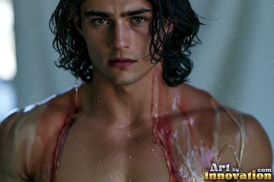 Facing forward indoors, a wet shirtless man has red paint running down his chest