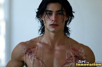A shirtless young man with wet dark hair looks straight ahead in soft light