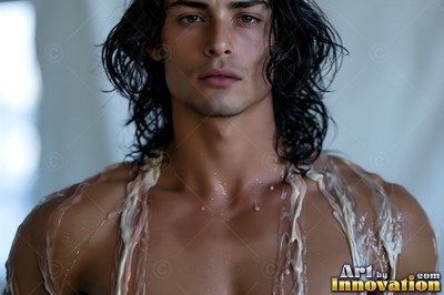 In cool blue light, a shirtless man with wet black hair looks ahead