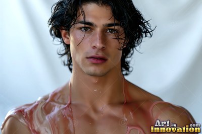 Looking forward with wet dark hair, a bare-chested young man against white cloth