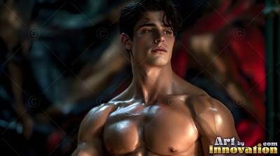 Muscular shirtless man looking up in dark red lighting