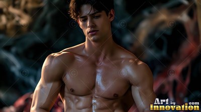 Wet black hair falls over a shirtless man looking down against dark roots