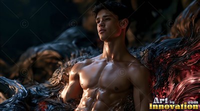 A shirtless man rests among dark fluid folds under warm side light