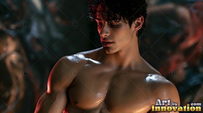 Turned to the side, a shirtless wet man stares down in a dark cave