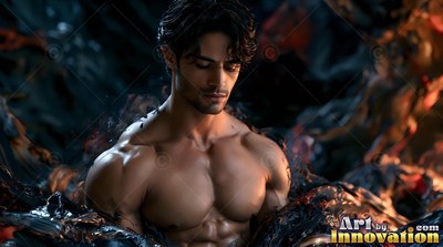 A shirtless man looking down while rising out of dark swirling water under warm light