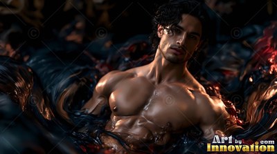 In dark churning water, a shirtless man rests with red light reflecting on him