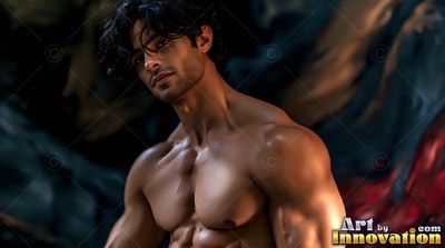 Looking back over his shoulder, a shirtless muscular man stands in warm orange light
