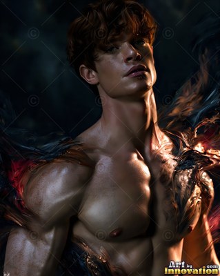 Wavy reddish brown hair frames a shirtless man surrounded by dark swirls and warm light
