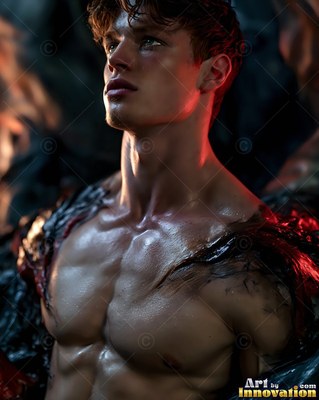A bare-chested man gazes upward as warm red light shines across his neck
