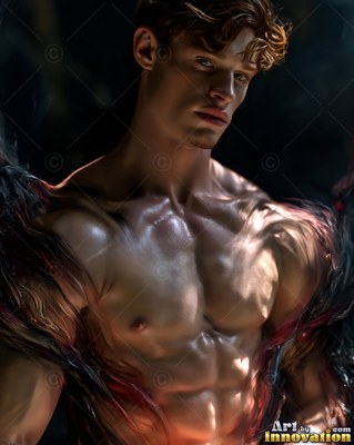 Turn ed slightly in the dark, a shirtless muscular man peers ahead under warm light