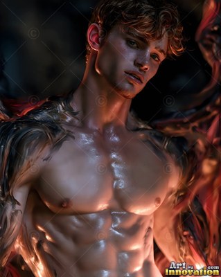 A shirtless muscular man with wet skin looks ahead in warm orange light
