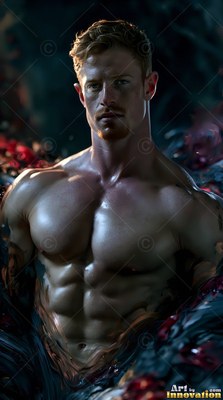 In dark swirling water, a muscular shirtless man gazes forward under dim light