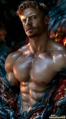 Rising from dark water, a muscular shirtless man looks forward in soft orange light
