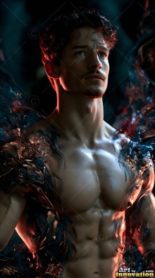 A shirtless man looking up in dark blue and red light