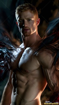 Red hair catches direct light on a shirtless man framed by dark feathered wings