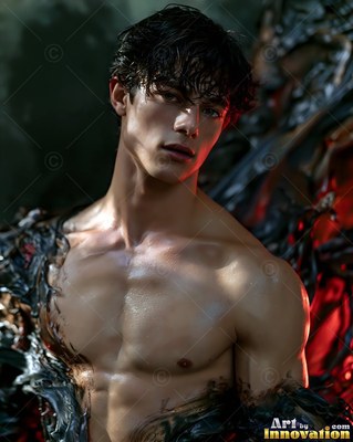 A shirtless man turns slightly as deep red light catches the dark forms around him
