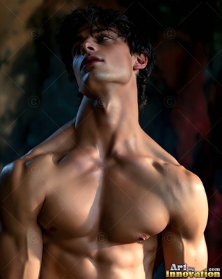 Head tilted back in a dark room, a shirtless man looks toward the light