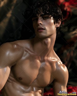 A shirtless man with wet dark hair sits close up in warm light with red flowers behind him