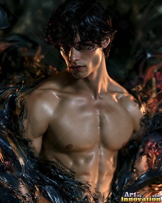 In dark water, a shirtless man with wet black hair looks forward