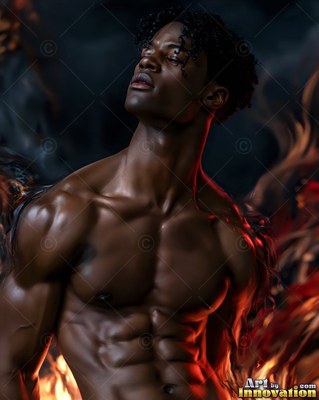 Looking upward, a shirtless muscular Black man stands beside bright flames