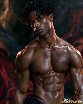 Muscular shirtless Black man with wet skin looking aside