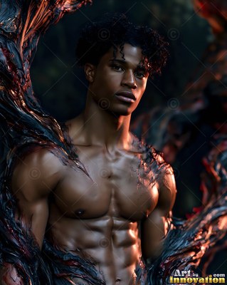 Curly dark hair frames a shirtless man surrounded by dark, twisted vines