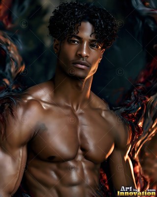 A muscular shirtless man looks forward as warm amber light catches his bare skin