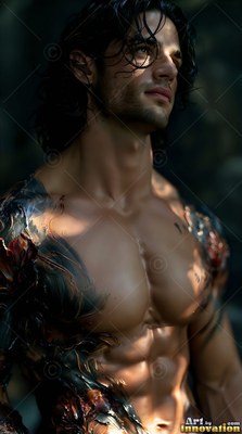 Turned sideways in shadows, a muscular man stands in warm light dappled on his chest