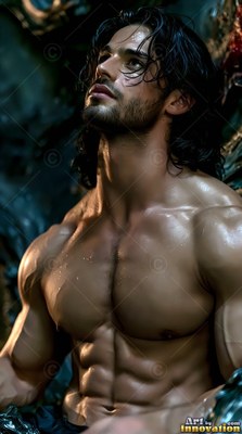 A shirtless man with wet dark hair sits in dim blue light and looks upward