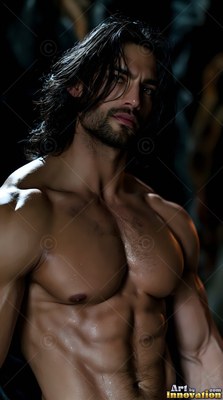 In a dark space, a shirtless man with long wet hair stands under soft light
