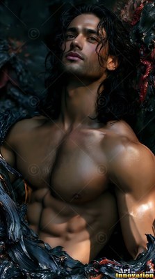 Looking up, a muscular man with long dark hair rests in dark shadow