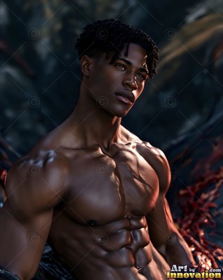 Muscular shirtless Black man with short twists looking to the side