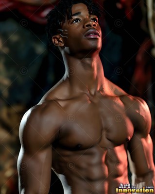 Silver clips tucked into his hair, a man without a shirt stands in a dark shadowy room