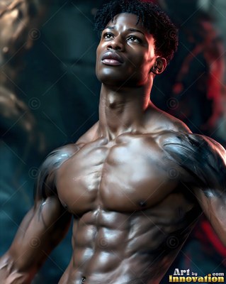 A muscular man peers upward as soft highlights shine across his dark skin