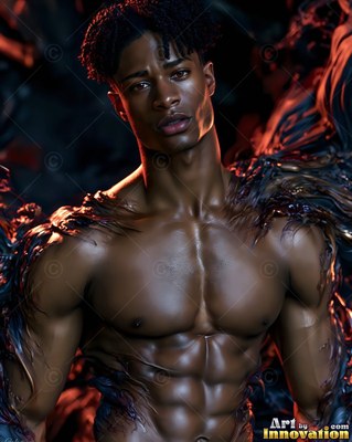 Facing forward in dark shadows, a shirtless man is rimmed by warm orange light