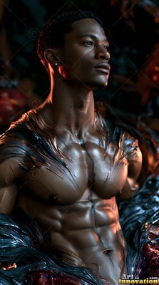 A silver stud earring on a muscular man covered in wet dark fabric in warm light