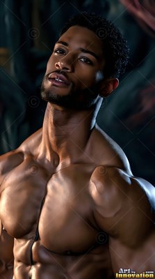 A muscular man tilts his head back in soft overhead light that catches his skin