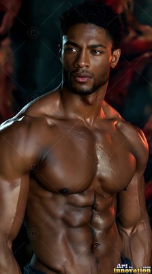 Turned slightly, a shirtless man standing in a dark room under warm light