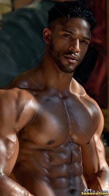 A shirtless, muscular man with wet brown skin looks forward in soft light