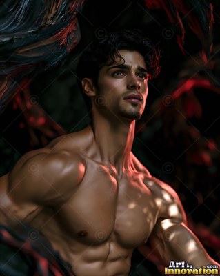 In dark shadows, a muscular shirtless man looking up under soft red light