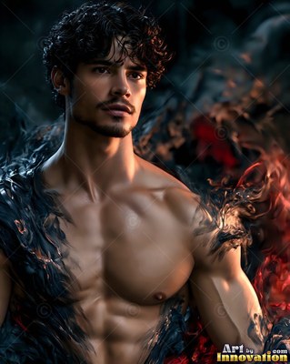 Looking sideways, a bare-chested man stands wrapped in black and red smoke
