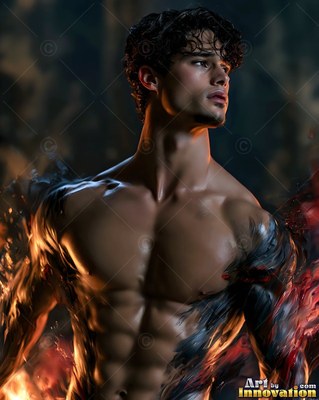 Shirtless man looking away with orange flames on his arms