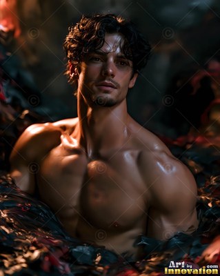 Dark curly hair falls across a shirtless man resting inside a dark pool of wet leaves