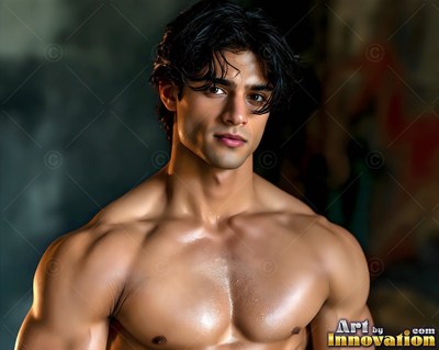A shirtless man looks ahead under warm light that shines on his wet shoulders
