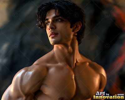 Turned three-quarters beside dark rocks, a shirtless man peers away in warm light