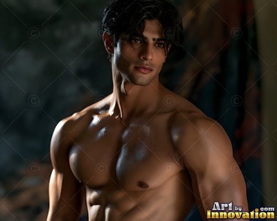 A muscular, shirtless man with dark wavy hair stands in dim warm lighting
