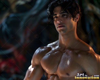 In dim blue shadows, a shirtless muscular man looking to the side